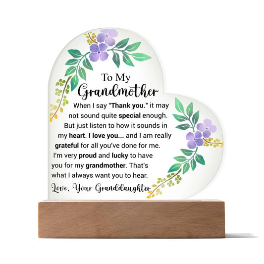 To My Grandmother | Love from Granddaughter | Acrylic Heart Plaque