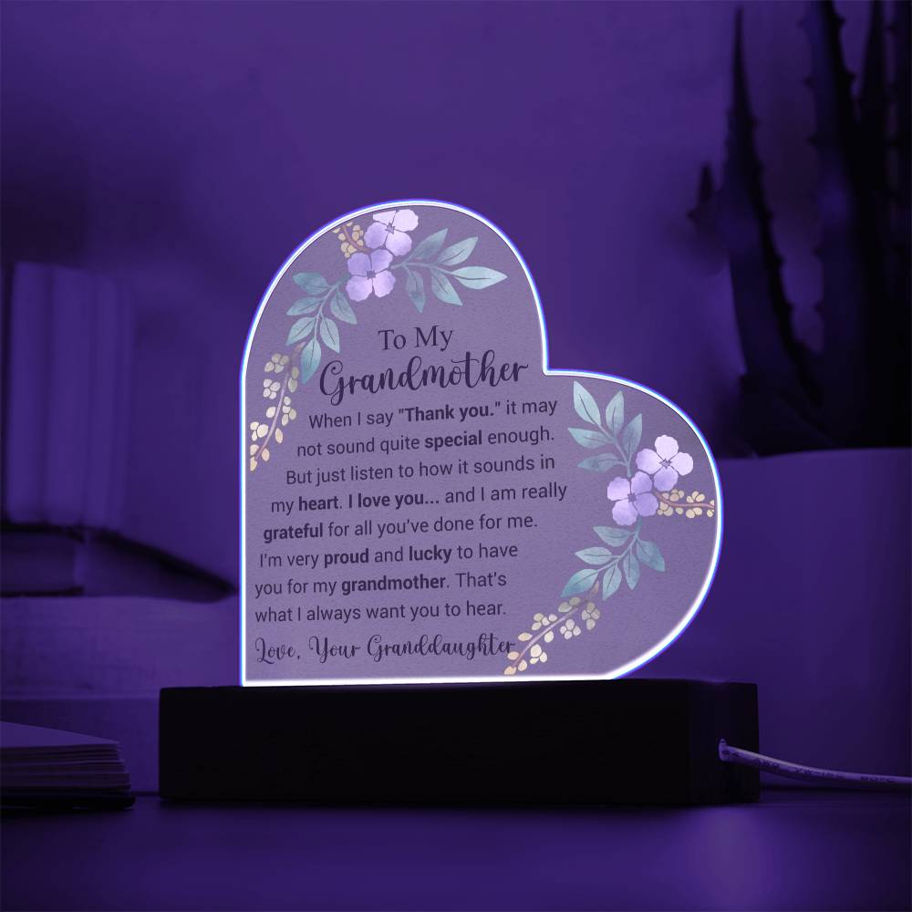 To My Grandmother | Love from Granddaughter | Acrylic Heart Plaque