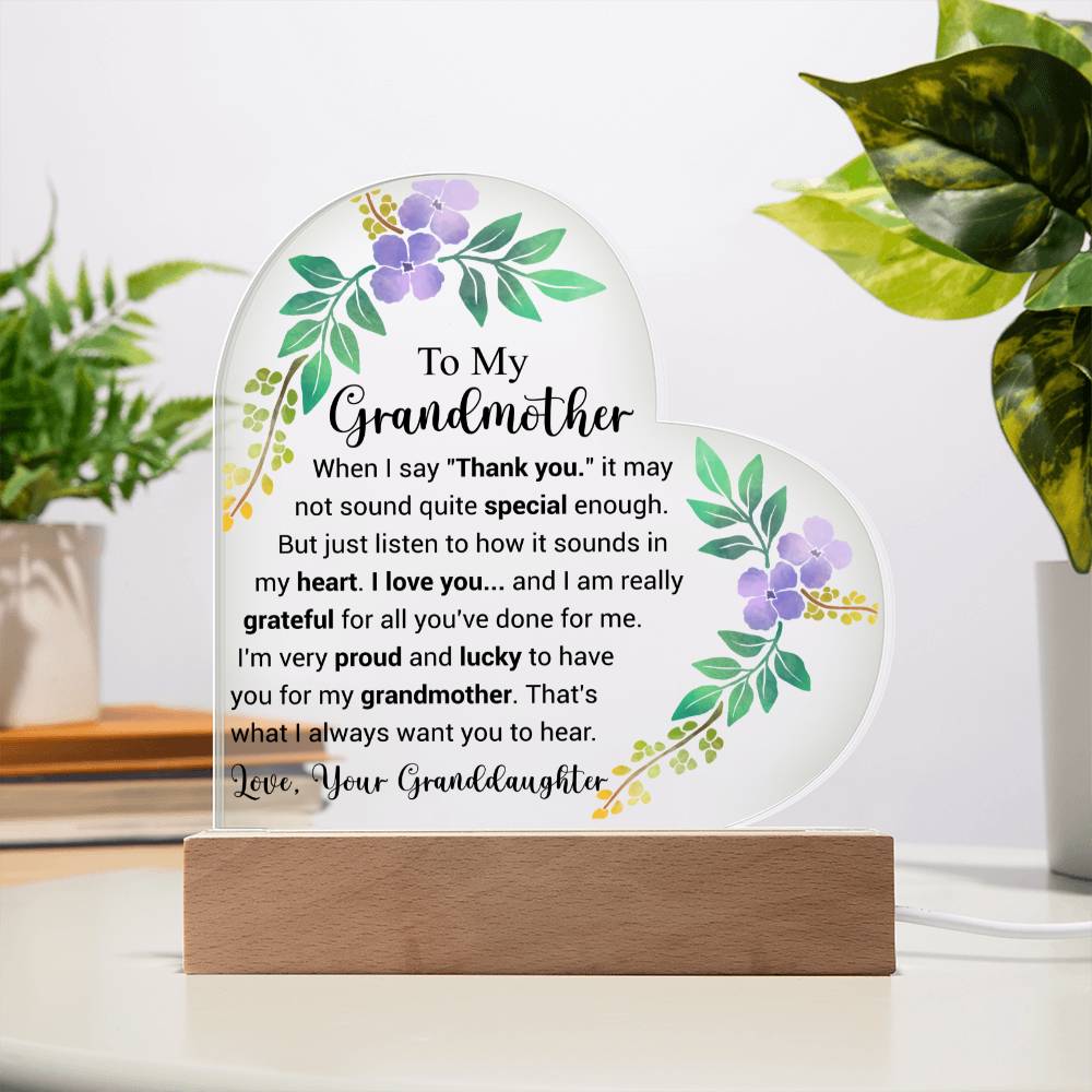 To My Grandmother | Love from Granddaughter | Acrylic Heart Plaque