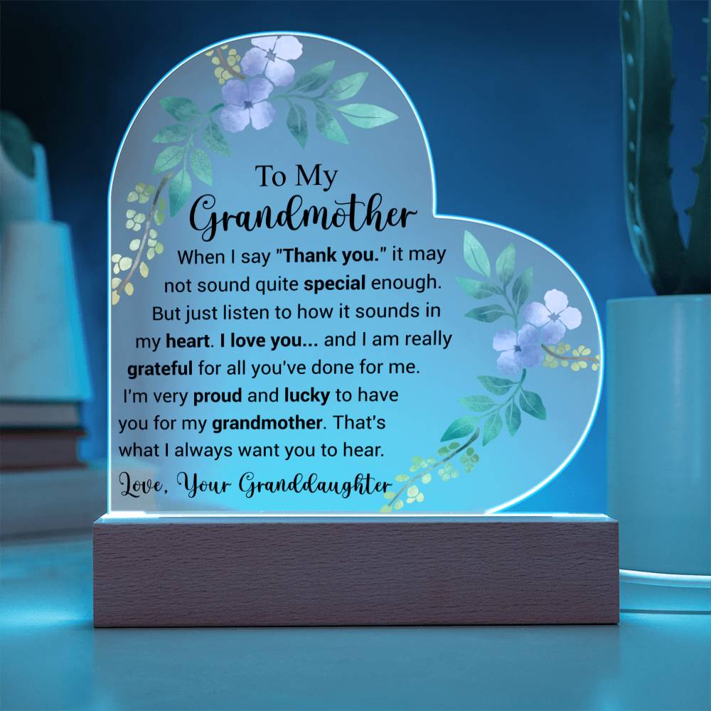 To My Grandmother | Love from Granddaughter | Acrylic Heart Plaque